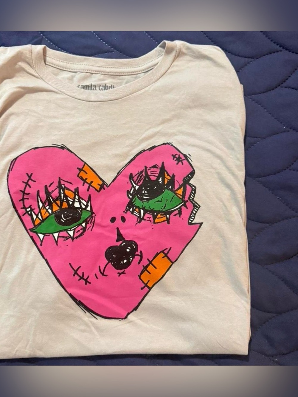Off-White Graphic Tee with Pink Heart Face - Camilla Cabello Music